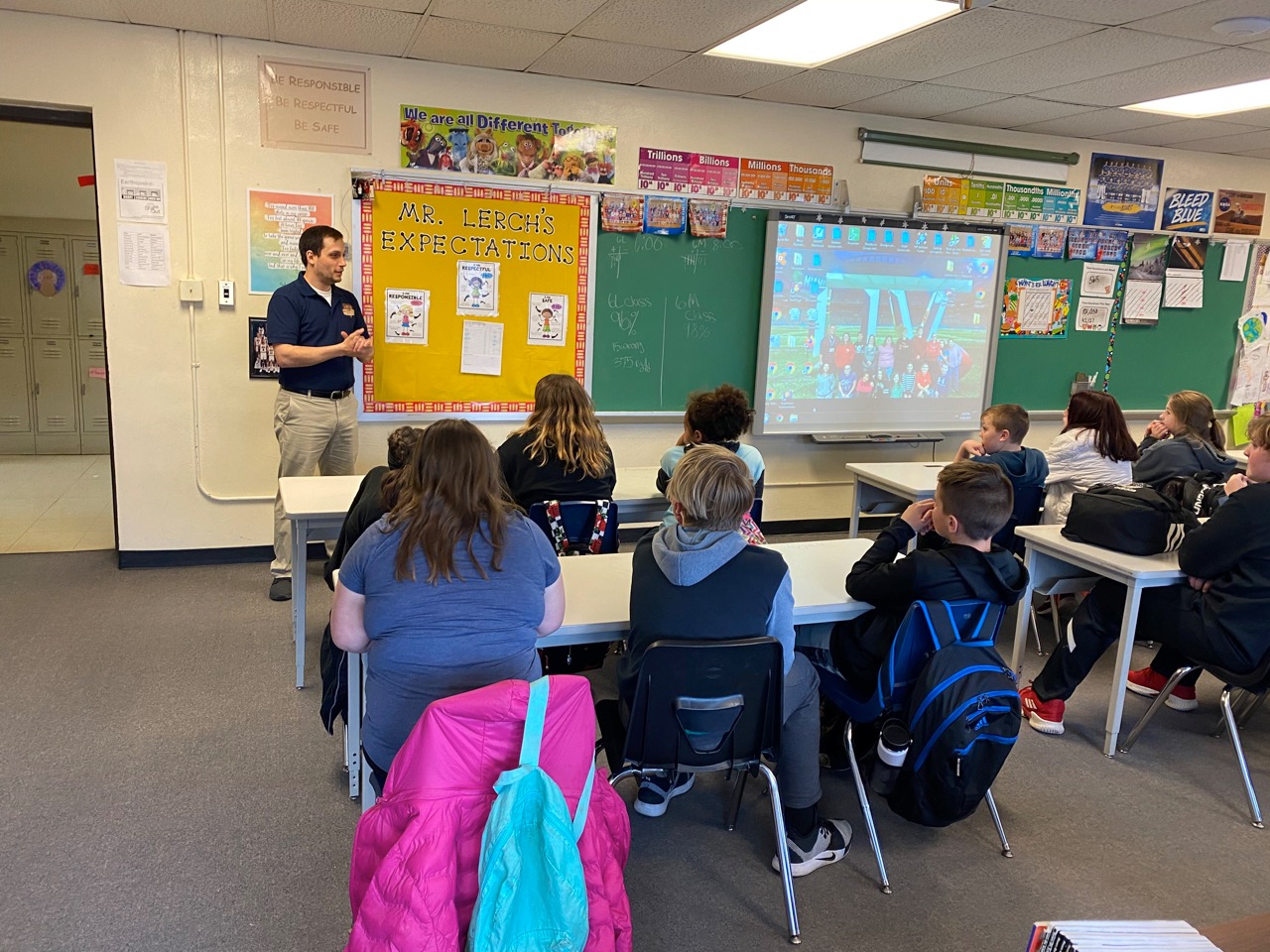 Scott VanBommel talking to students at Marissa Elementary